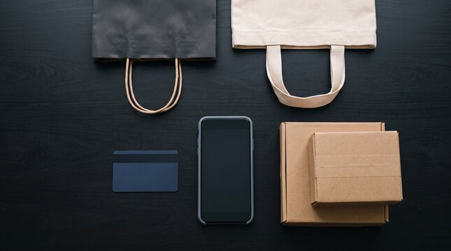 Online shopping concept with credit card phone shopping bags and boxes on dark background