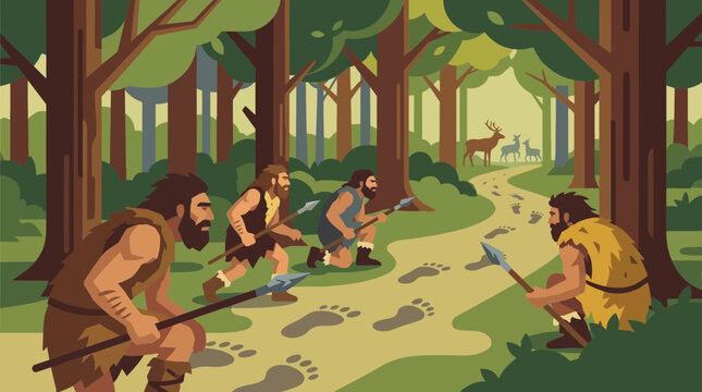 Neanderthal Hunter Group Tracking Wild Animals Through Forest