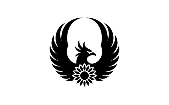 Majestic phoenix silhouette with sunflower vector illustration.