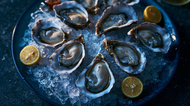 Fresh Raw Oysters on Crushed Ice with Lemon Slices