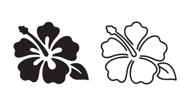 hibiscus flowers icon set, black silhouette and outline design