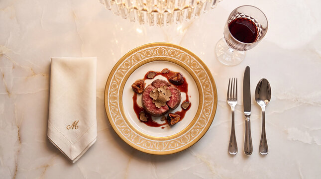 Gourmet Beef Tenderloin with Truffle on Luxury Fine Dining Table
