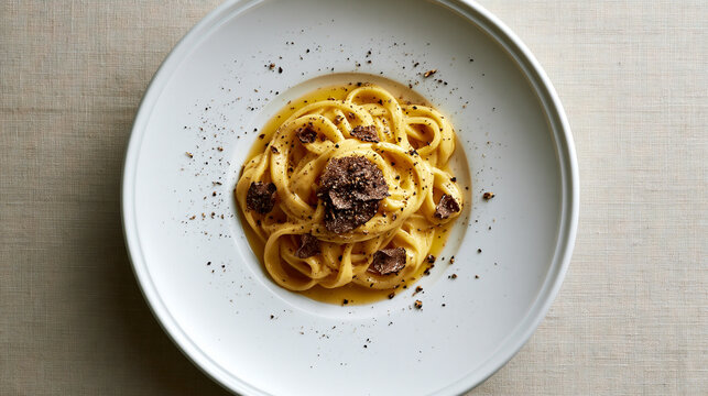 Fresh Gourmet Black Truffle Pasta in White Bowl