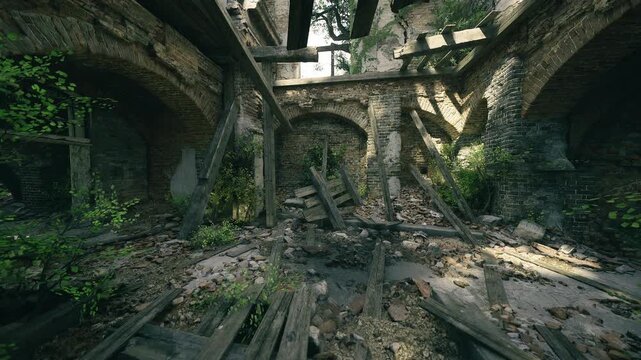 Overgrown stone interior with collapsed beams, scattered rubble and soft shafts of sunlight cutting through broken roof, mosscovered archways, lingering dust