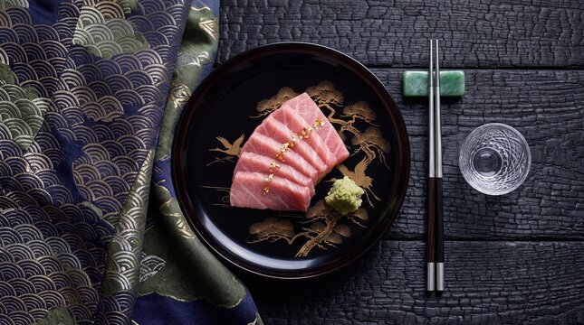 Gourmet Tuna Sashimi with Gold Leaf on Lacquer Plate