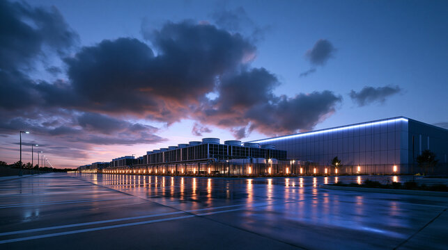Modern Data Center Facility and Server Warehouse at Twilight