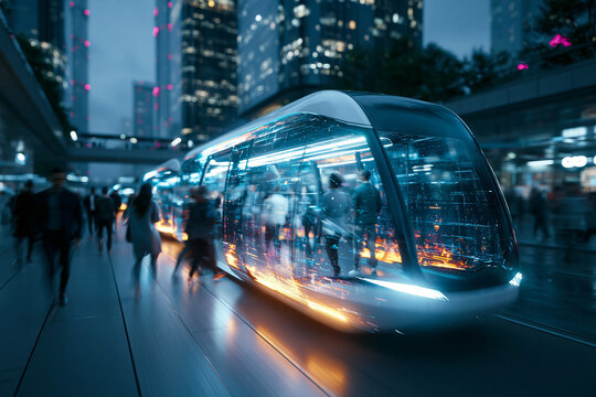 Futuristic Autonomous Tram in Modern Smart City at Night