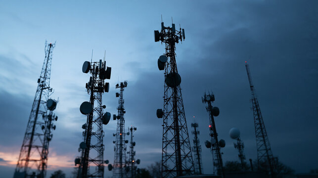 Telecommunication Towers Against Dramatic Dusk Sky