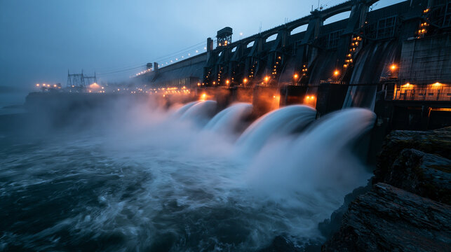 Hydroelectric Power Plant Dam Releasing Water at Night