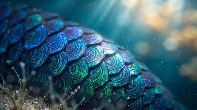 Close-Up of Iridescent Scales Underwater with Sunbeams