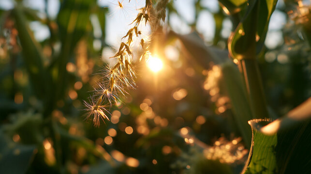 Corn Tassel Glowing in Golden Sunlight at Sunset