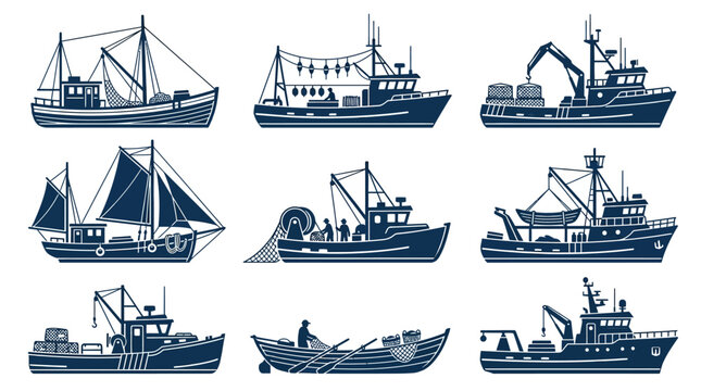 Industrial fishing boat and commercial vessel icons.