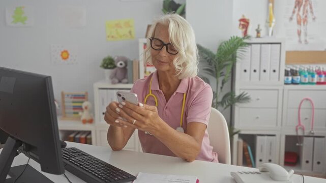 Woman doctor texting on smartphone while seated at desk in a medical building, stethoscope draped, wearing glasses and pink polo, middle age blonde; telemedicine calm.