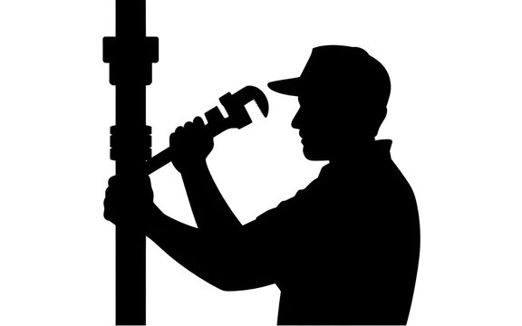 Plumber repairing pipeline with wrench tool vector silhouette