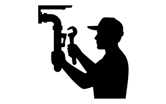 Plumber repairing pipeline with wrench tool vector silhouette