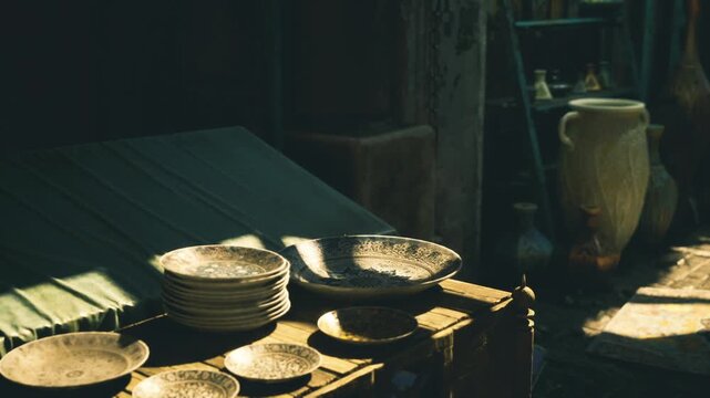 Sunlit pottery stall in Marrakech market, dusty plates and earthen bowls stacked on wooden table, tall vintage vases in shadowed alcove, warm ochre light,