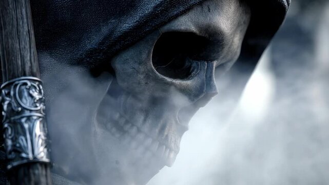 Hooded skeletal figure holding a staff amid drifting fog