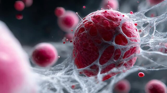 Red biological cell moving through a fibrous tissue network