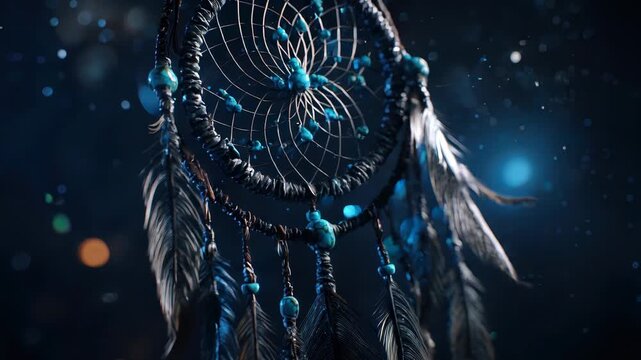 Blue dreamcatcher swaying gently with feathers and turquoise beads