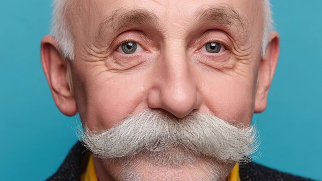 Senior man with a large white mustache against a blue background