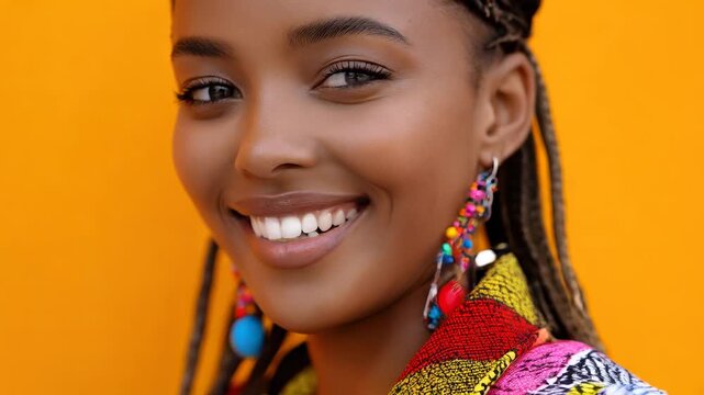 Joyful young Black woman in vibrant patterned clothing