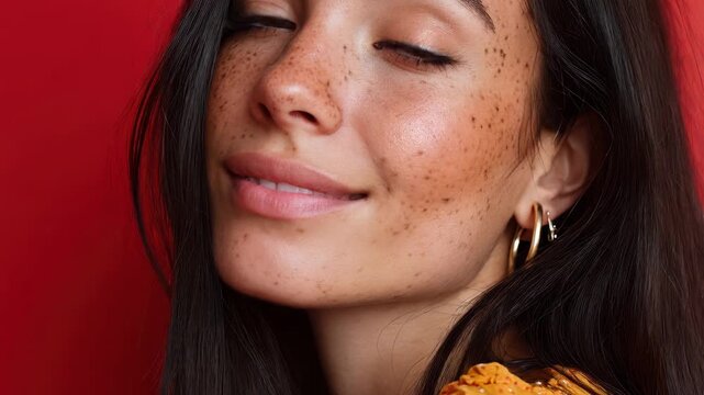 Freckled young woman smiling against a vivid red background