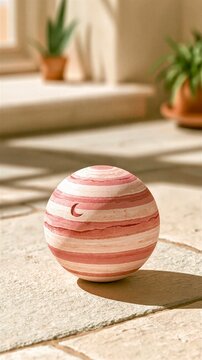 Striped Ceramic Sphere With Crescent Moon in Warm Sunlit Interior