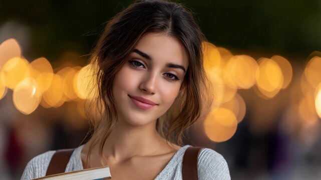 Smiling university student holding books on a city campus