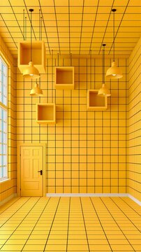 Vibrant Yellow Geometric Interior With Grid Walls and Hanging Pendant Lights