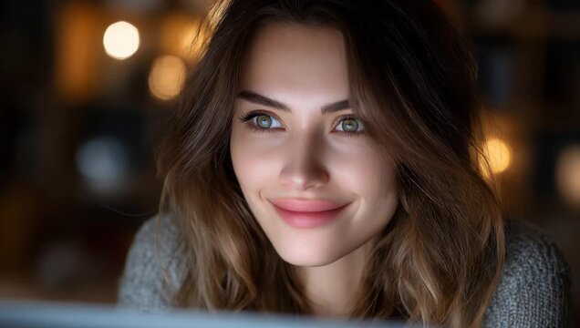 Brunette woman smiling softly in a cozy cafe interior