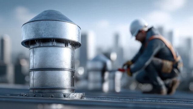 Rooftop ventilation equipment with maintenance worker behind