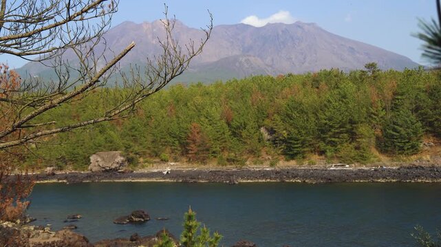 Sakurajima Volcano Island landscape, Japan, Kagoshima prefecture, Kyushu island region, island volcano and bay, Yunohira Observation Deck, ferry trip from Kagoshima, Kirishima-Kinkowan National Park 
