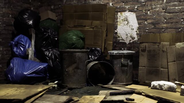 In a gloomy storage room, crumpled cardboard boxes and colorful trash bags create a cluttered scene. Rusty bins stand idle, hinting at the forgotten remnants of daily life and waste management.