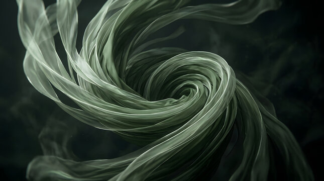 Elegant green fabric ribbons swirling in an abstract vortex movement against a dark backdrop
