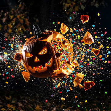Exploding Halloween pumpkin with candy and colorful fragments.