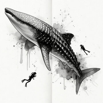 tibur&oacute;n ballena, buceadores, peces, cardumen, oc&eacute;ano, vida marina, fauna marina, exploraci&oacute;n submarina, buceo, conservaci&oacute;n marina, ecosistema marino, ilustraci&oacute;n vintage, dibujo a tinta, grabado, bla
