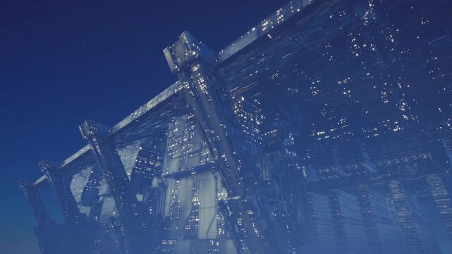 Distant orbital rim silhouette against deep blue sky, diagonal structural sweep and scattered lights creating dramatic sense of scale and vast engineered