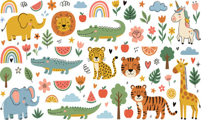 Naklejka premium Cute Cartoon Safari Animals Collection with Elephant, Lion, Tiger, Giraffe, Unicorn, Flowers and Fruits Vector Illustration Set