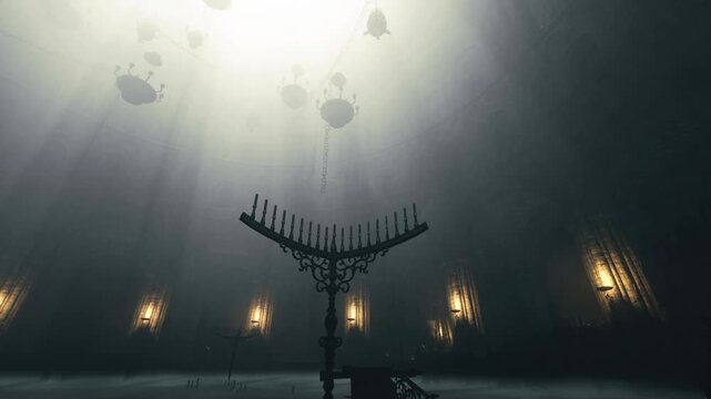 Ceremonial chamber illuminated by high beams and candle glow, vaulted ceiling with floating chandeliers, warm sconces along walls and serene ritual atmosphere.
