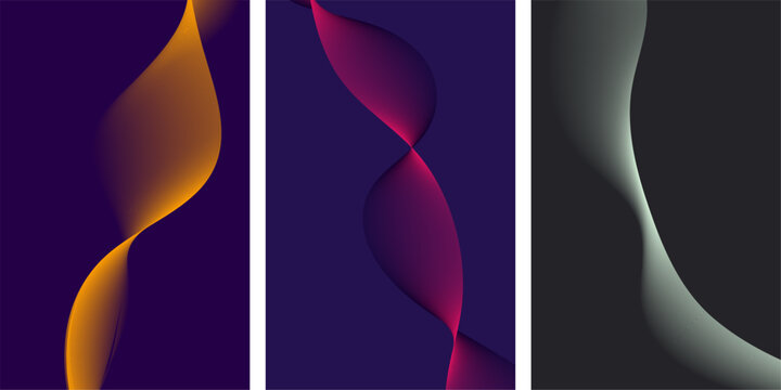 Minimalist vertical poster designs with elegant glowing fluid waves on dark backgrounds.