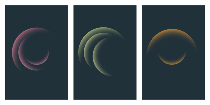 Minimalist abstract poster designs with glowing cosmic crescent shapes on dark backgrounds.