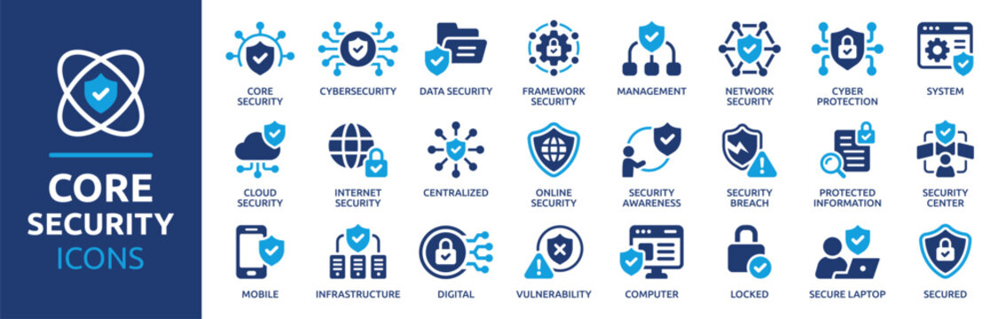Cybersecurity and Security Icon Set. Data, Network and Cloud Protection, vector solid icon collection.