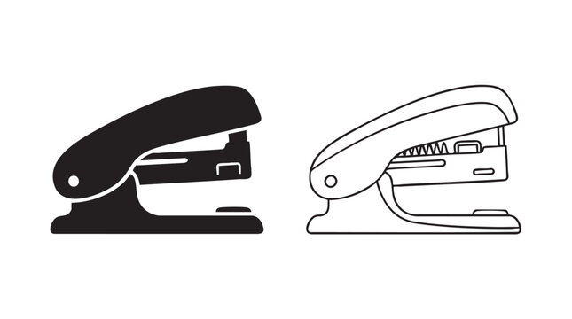 staplers icon set, black and white outline illustration featuring stapler, office