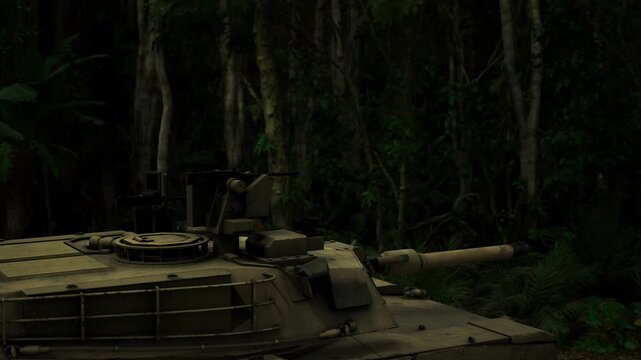 Armored vehicle on training range conducting lowspeed maneuver among trees, visible wear on paint, practice scenario with simulated concealment and navigation.