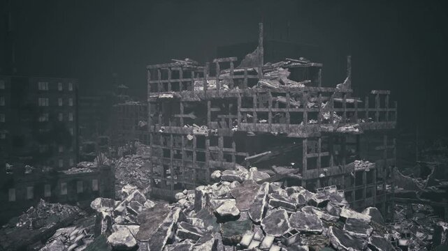 Collapsed apartment building buried under rubble, shattered facades and exposed interiors, ashgray sky, scattered personal remnants, atmosphere of recent