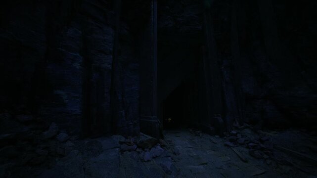 Geologist survey view into dark cave, layered strata and fractured rock exposed along floor, careful study vibe with textured samples, damp atmosphere,