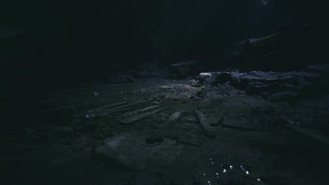 Dim archaeological site revealing radial timbers, lantern glow tracing dust and sediment, trench edges and scattered relics suggesting methodical excavation