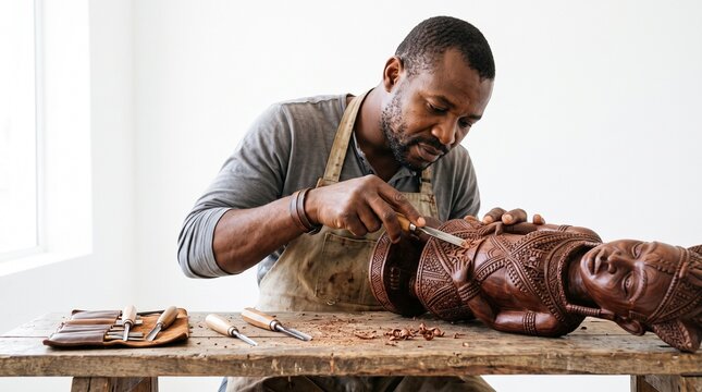 Skilled artisan meticulously carves intricate details into a wooden sculpture with a chisel