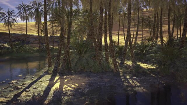 Long shadows across Dakhla oasis bank, textured ground and clustered palms creating rhythmic pattern warm backlight, earthy tones and calm inland water details.