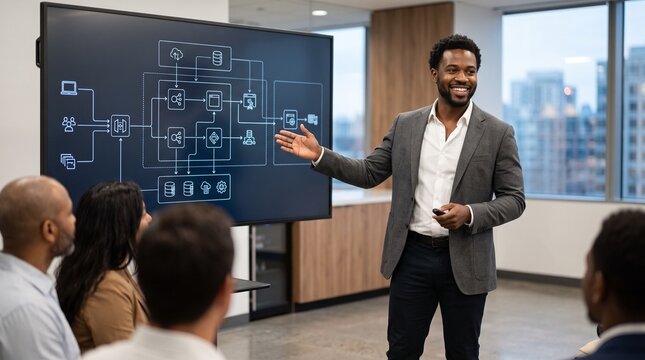 Diverse business team attends presentation on digital transformation and cloud architecture diagram on screen
